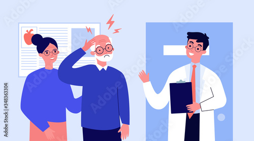 Senior man going to doctor because of migraine. Physician consulting patient in pain flat vector illustration. Depression and headache concept for banner, website design or landing web page