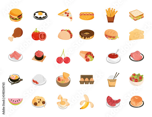 food menu restaurant snack ingredient flat style icons set