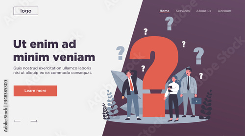 Confused businesspeople asking questions. Puzzled cartoon characters searching answers and problem solution near big question mark. Vector illustration thinking, help, assistance, trouble for concept