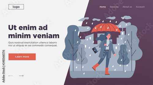 Happy smiling girl with umbrella walking in rainy day flat vector illustration. Woman staying outdoor in falling weather. Female character going in rain. Season, autumn and landscape concept