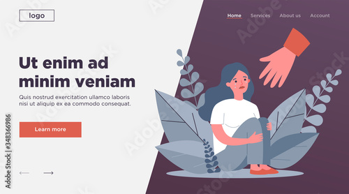 Young woman getting help and cure from stress flat vector illustration. Girl feeling anxiety and loneliness. Helping hand. Psychotherapy, counseling and psychological support concept.