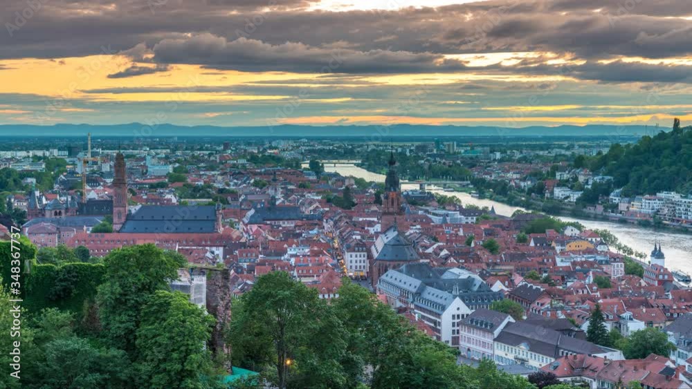 Heidelberg skyline time lapse from day to night old town castle view. Heidelberg skyline time lapse from day to night old town castle view.