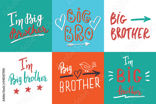 Big brother, Calligraphic Letterings signs set, child nursery printable phrase set. Vector illustration