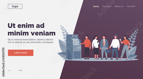 Queue of bank clients standing at ATM. People standing in line for using their credit card for transactions. Vector illustration for finance, money withdraw, currency concept