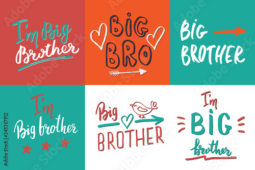 Big brother, Calligraphic Letterings signs set, child nursery printable phrase set. Vector illustration