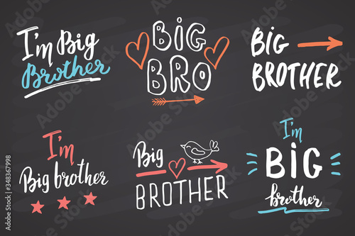Big brother, Calligraphic Letterings signs set, child nursery printable phrase set. Vector illustration on chalkboard background