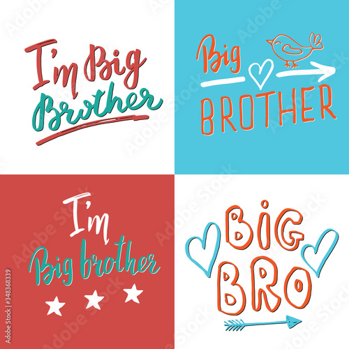 Big brother, Calligraphic Letterings signs set, child nursery printable phrase set. Vector illustration