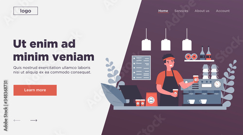 Happy young barista making coffee for customer flat vector illustration. Man standing behind counter and offering hot drink. Service, station and lunch concept.