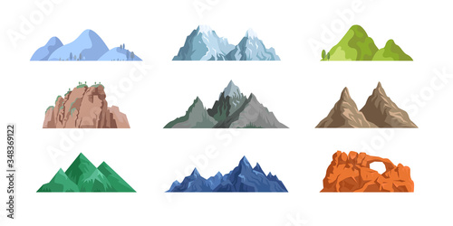 Mountains and rocks flat icon collection. Cartoon snowy mountains, peaks, hill tops vector illustration set. Landscape and nature concept