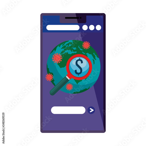 earth planet of covid19 in smartphone with magnifying glass vector illustration design