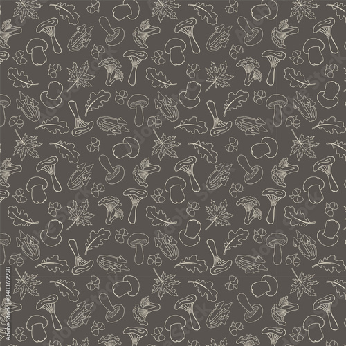 Vector seamless pattern with mushrooms and autumn/fall leaves. White on black hand drawn wallpaper