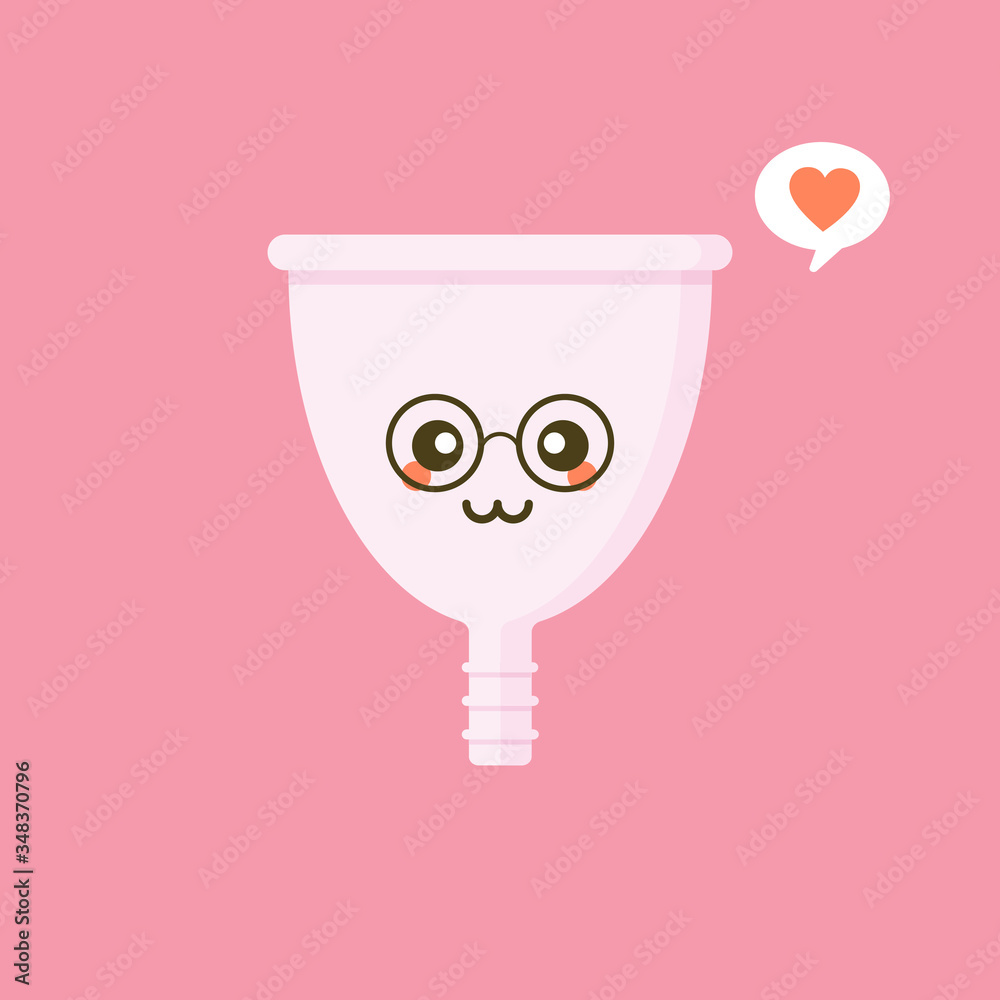 Cute happy smiling menstrual cup. Isolated on pink background. Vector cartoon character illustration design,simple flat style. Zero waste period, menstrual cup concept Cute happy smiling menstrual cup. Isolated on pink background. Vector cartoon character illustration design,simple flat style. Zero waste period, menstrual cup concept