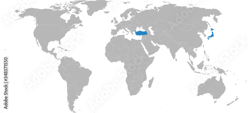 Japan, Turkey countries isolated on world map. Light gray background. Business concepts, diplomatic, trade and transport relations.