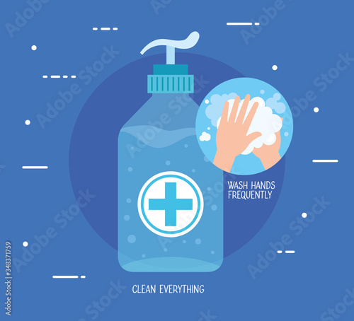 antibacterial soap bottle with hands washing vector illustration design