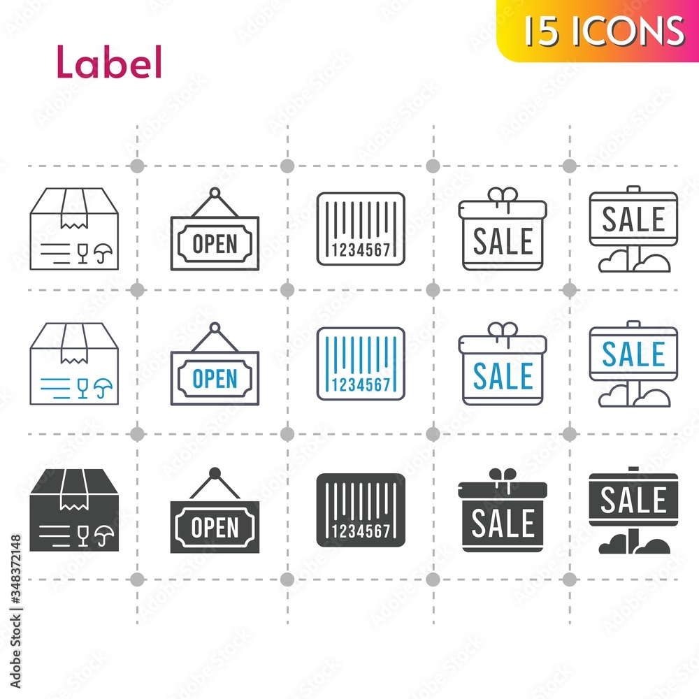 label icon set. included gift, sale, package, barcode, open icons on white background. linear, bicolor, filled styles.