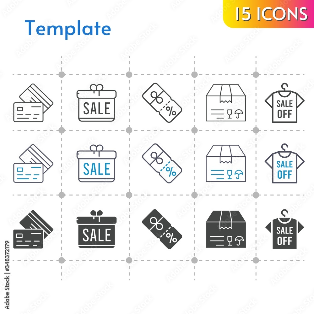 template icon set. included gift, package, shirt, discount, credit card icons on white background. linear, bicolor, filled styles.