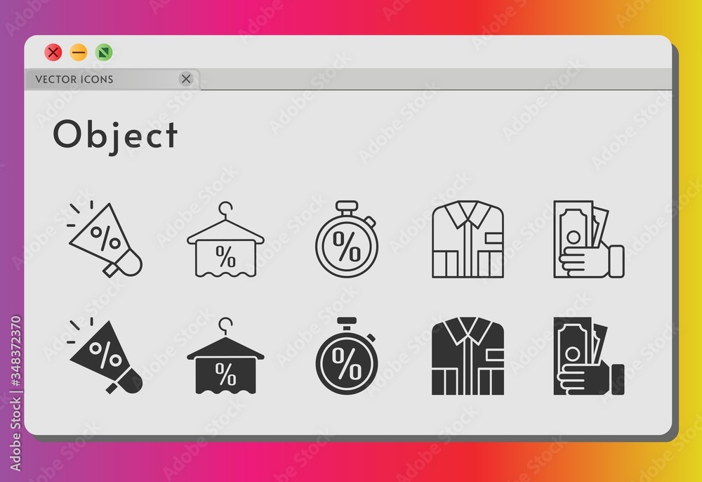 object icon set. included megaphone, shirt, money, towel, stopwatch icons on white background. linear, filled styles.