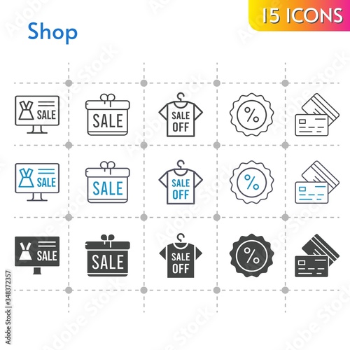 shop icon set. included gift, online shop, shirt, discount, credit card icons on white background. linear, bicolor, filled styles.