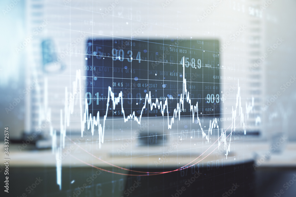 Abstract creative financial graph on modern laptop background, forex and investment concept. Multiexposure Abstract creative financial graph on modern laptop background, forex and investment concept. Multiexposure