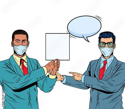 interracial businessmen using face masks for covid19 with banners