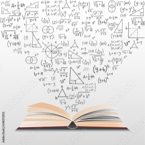Mathematics opened book with flying up math symbols. Education vector elements. Conceptual illustration.