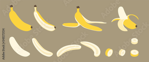 Banana Whole, Peeled, Split and Cut with Banana Peel Simple Vector Set