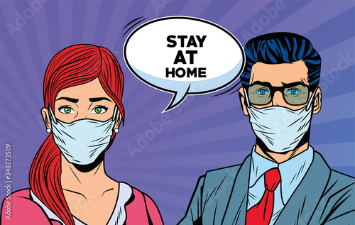 couple using face masks for covid19 saying stay at home