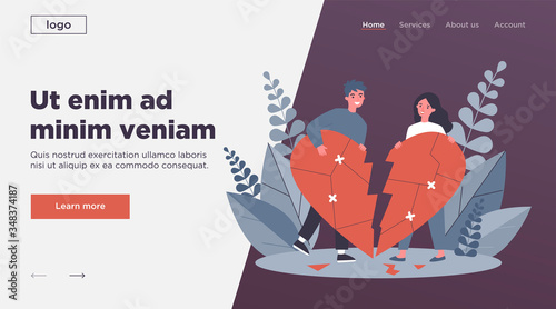 Smiling couple restoring broken heart flat vector illustration. Happy man and woman solving problems and returning their love. Relationship and romance concept.