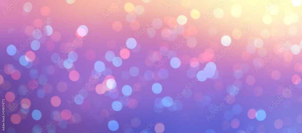 Gleam confetti on iridescent background. Lilac yellow pink gradient banner. Bokeh pattern.