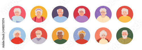 Old people set avatars cartoon style. Multi nationality elderly faces man and womans. Different nations representatives collection of portraits. Isolated vector illustration