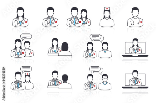 set of vector line icons of medical subjects. Doctor, nurse and patient. Communication with the patient on the web. At the doctor.