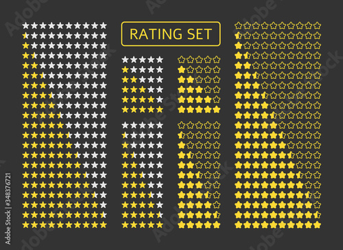 Set of yellow stars rating. Symbol of product quality, rating in the game level, customer review. Icon appraisal, half assessment in flat style for app, website. Isolated on dark vector illustration