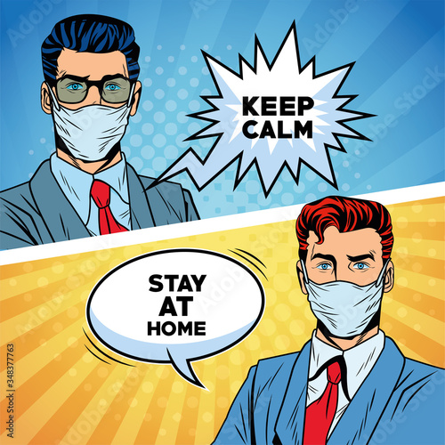businessmen using face masks for covid19 saying message