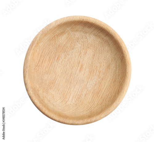 Wooden plate isolated on white, top view. Cooking utensil