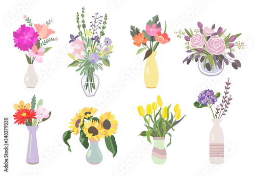 Colorful flowers flat icon pack. Bunch of plants bouquet in vases with vector illustration set. Rose, sunflowers, tulips and others. Decoration and nature concept