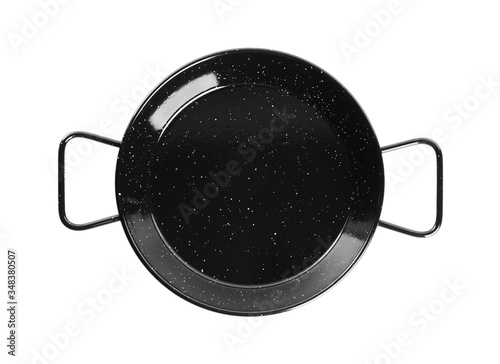 New wok pan isolated on white, top view. Cooking utensil photo