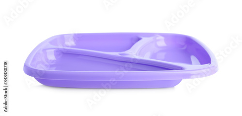 Violet plastic section plate isolated on white. Serving baby food