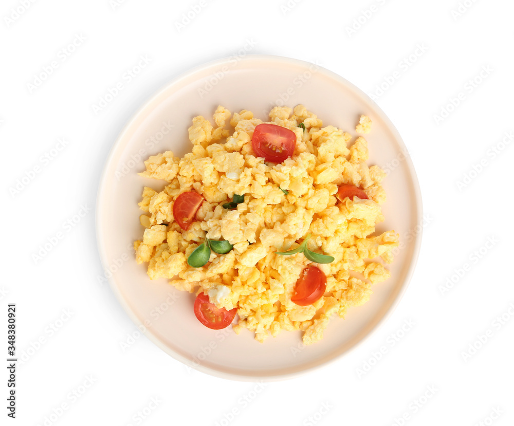 Tasty scrambled eggs with sprouts and cherry tomato isolated on white, top view Tasty scrambled eggs with sprouts and cherry tomato isolated on white, top view
