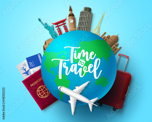 Time to travel vector concept design. Time to travel text in globe with travelling and world country landmark elements for vacation trip and tour adventure in blue background. Vector illustration.