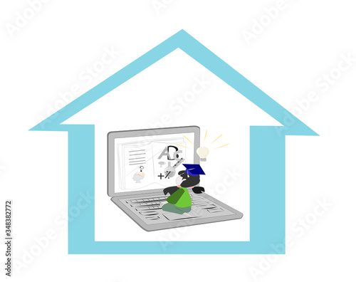  Illustration vector cute girl is sitting with a notebook and studying online. Cartoon character on white isolated background. clipart education and home shool concept. Flat design.
