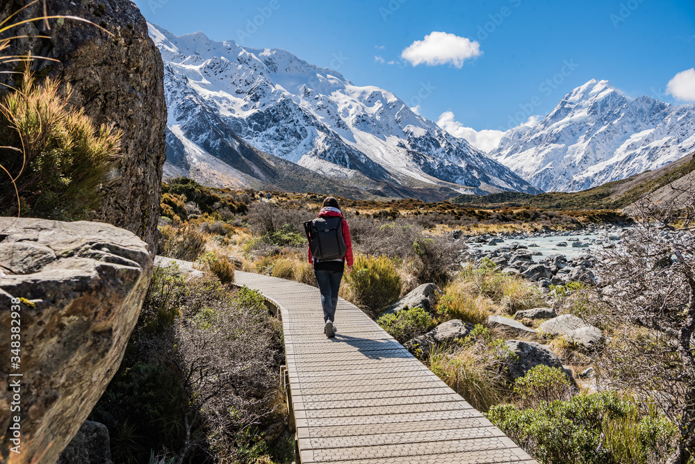 Hiking the Hooker Valley track with snow covered mountain view, Mount Cook National Park NZ