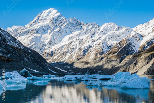 Mountain landscape with snow covered mountains, Mount Cook National Park NZ