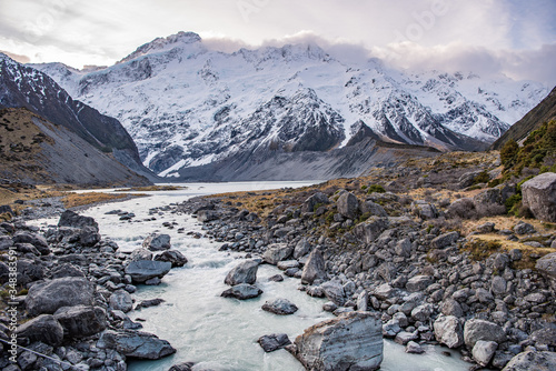 Mountain landscape with snow covered mountains, Mount Cook National Park NZ