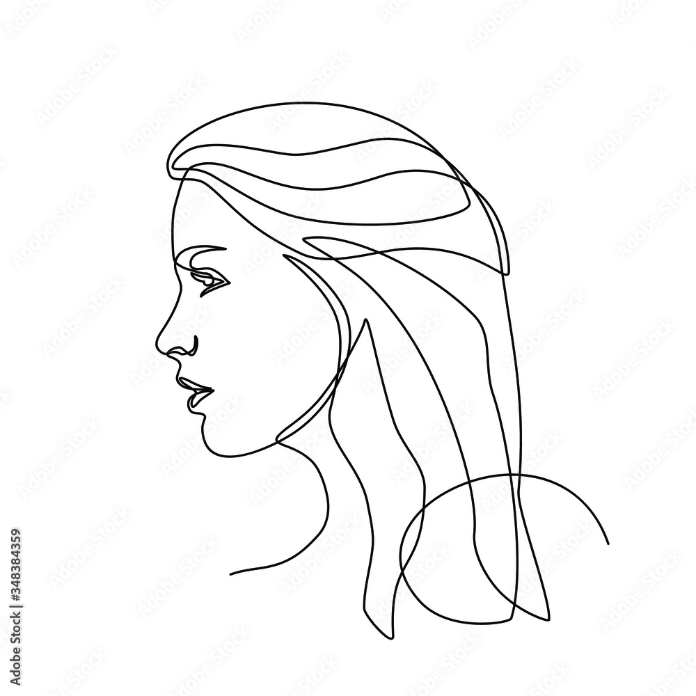Continuous line drawing of woman's face set and hairstyles. Portrait of a Beautiful Woman's face. Concept of Skin Beauty Care for young female models. Fashion beauty model with a white background