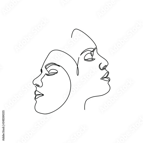 Continuous line drawing of Portrait of a Beautiful Woman's set faces. The Concept of Skin Beauty Care for young female models. Fashion beauty model with a white background