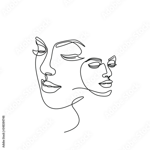 Continuous line drawing of Portrait of a Beautiful Woman's set faces. The Concept of Skin Beauty Care for young female models. Fashion beauty model with a white background