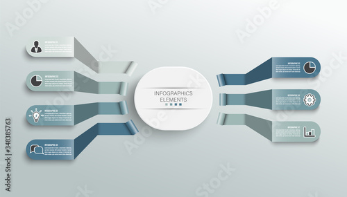 Vector infographic template with 3D paper label, integrated circles. Business concept with 7 options. For content, diagram, flowchart, steps, parts, timeline infographics, workflow, chart.