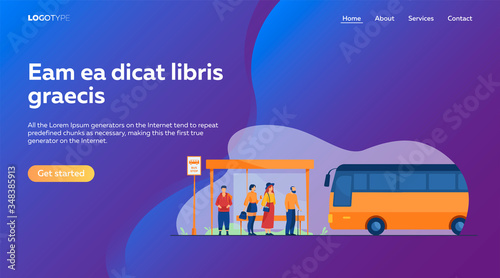 Passengers waiting for public transport at bus stop flat vector illustration. Cartoon characters using auto. Transportation and conveyance concept.