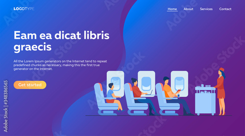 Air trip with comfort flat vector illustration. Passengers waiting for airline meal. People travelling by plane and sitting near airplane window. Airline, tourism and journey concept.