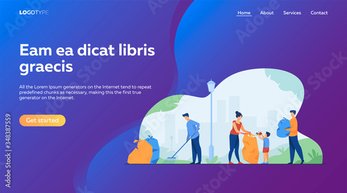 Volunteers community cleaning garbage flat vector illustration. People working in team for city ecology protection. Environment, nature and clean planet concept